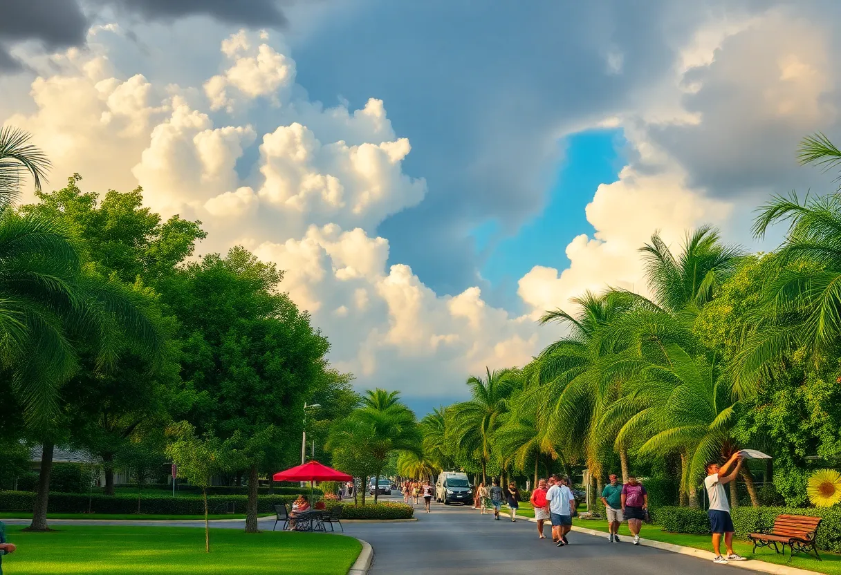 Bright sunny day following thunderstorms in Florida with people outside enjoying the weather.