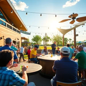 Group of friends enjoying outdoor games and drinks at Fore Score Golf Tavern