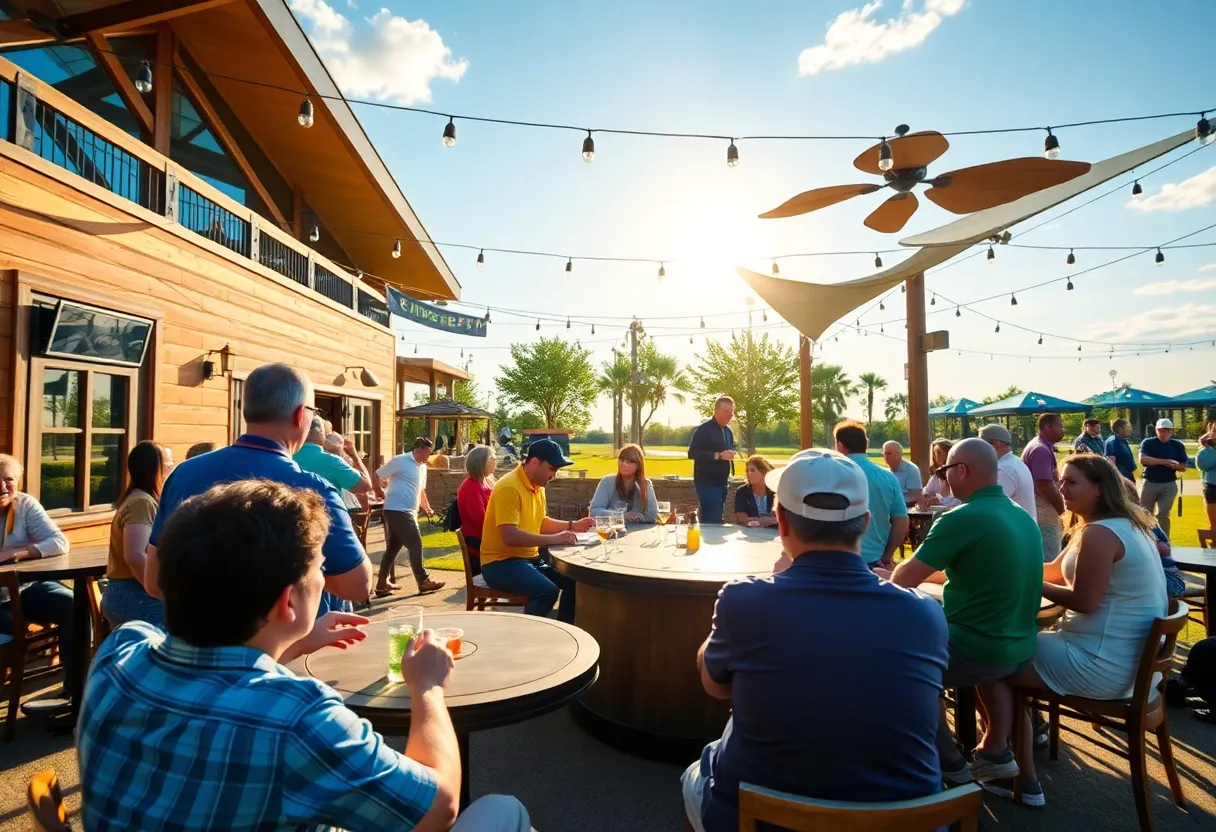 Group of friends enjoying outdoor games and drinks at Fore Score Golf Tavern