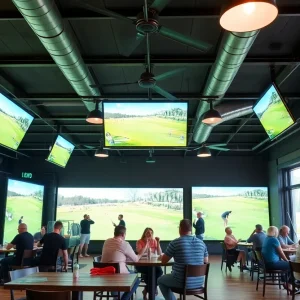 Interior view of Fore Score Golf Tavern in Jacksonville with golf simulators and guests enjoying food and drinks.