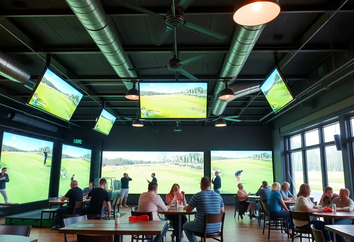 Interior view of Fore Score Golf Tavern in Jacksonville with golf simulators and guests enjoying food and drinks.