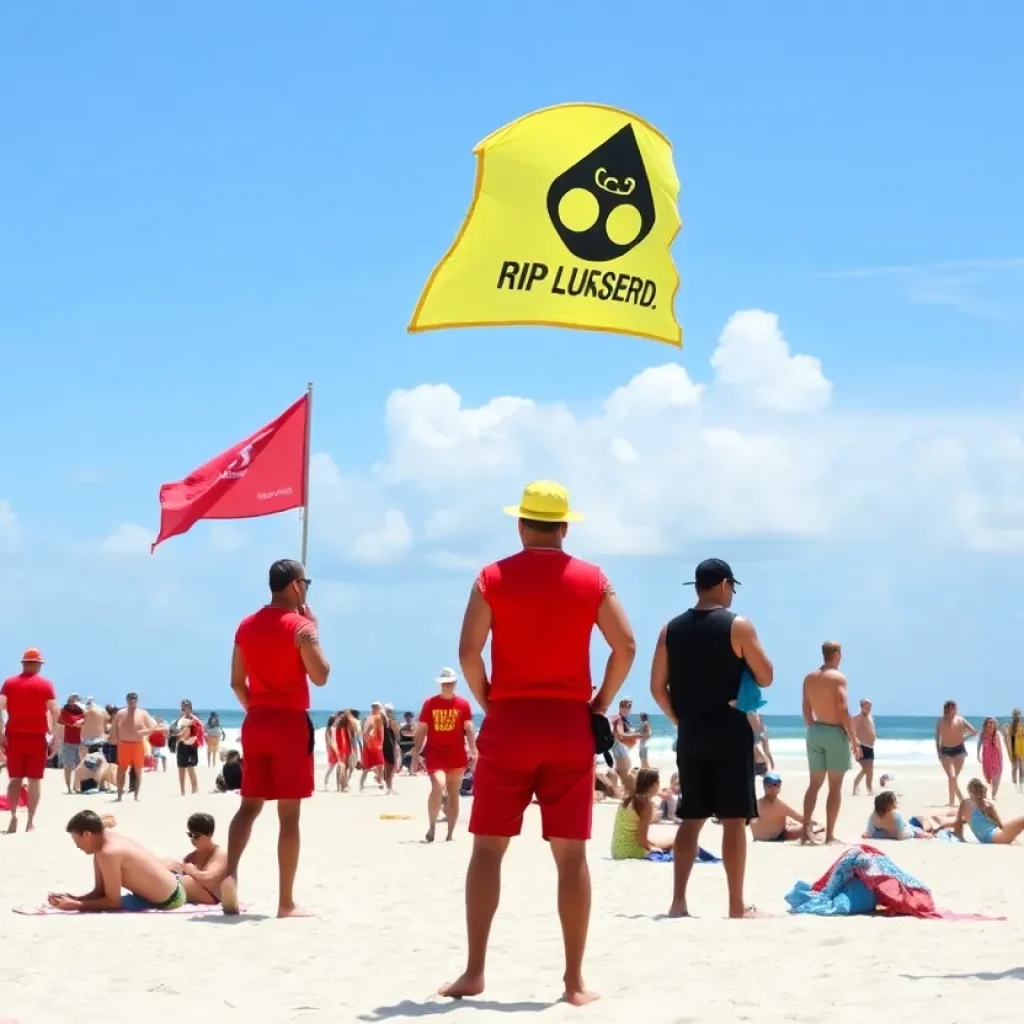 Lifeguards monitoring a crowded Fort Lauderdale beach with warning flags for rip currents.