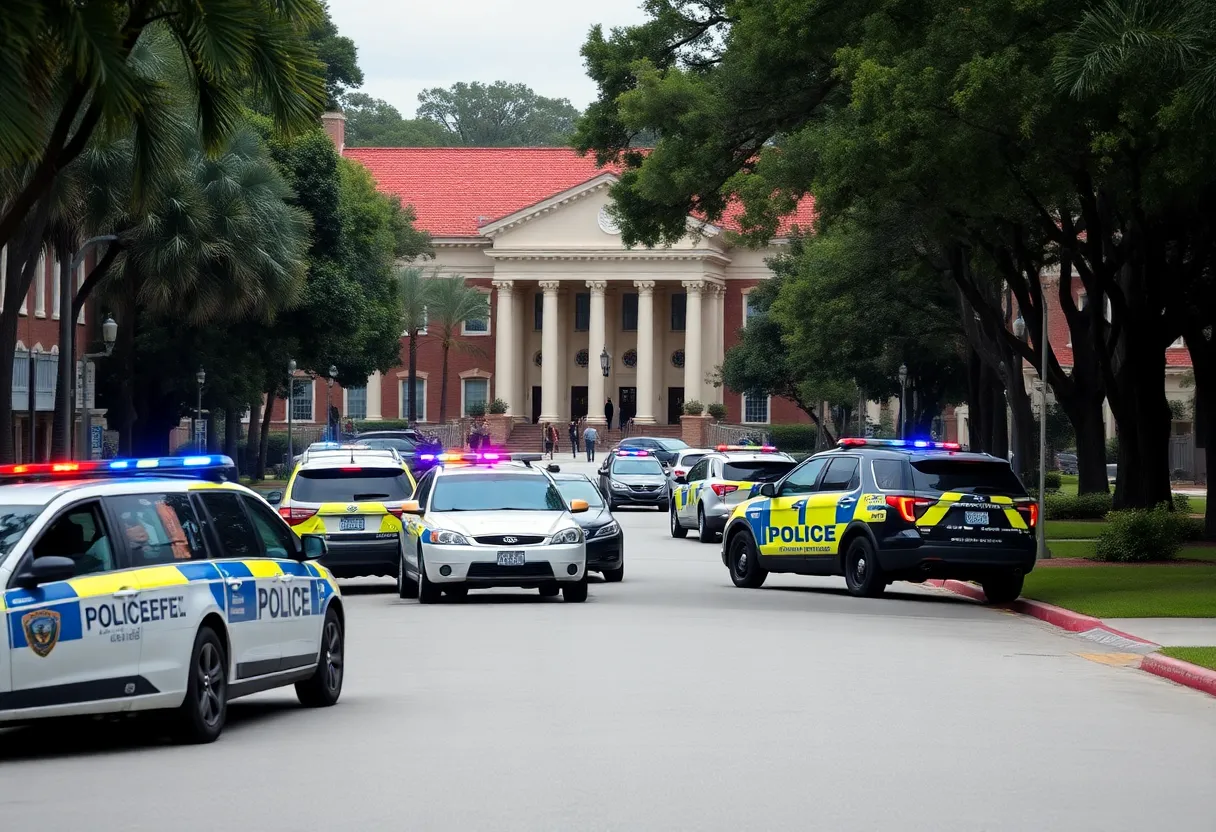 Police vehicles at Florida State University following a shooting incident