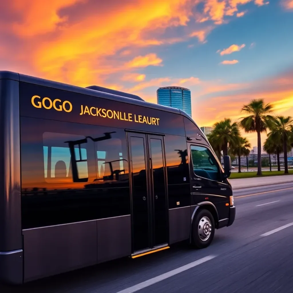 GOGO Charters bus traveling through Jacksonville with city skyline