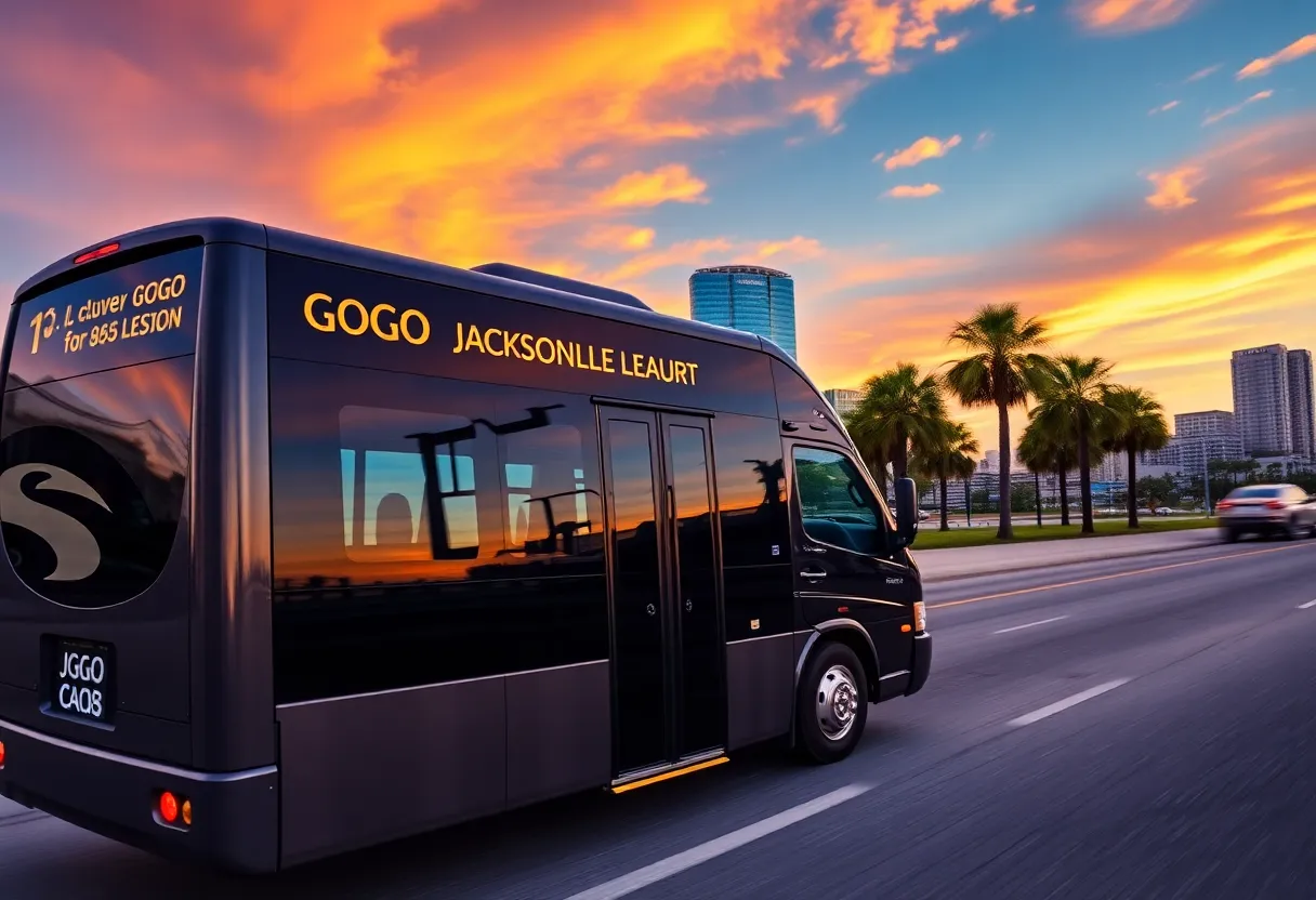 GOGO Charters bus traveling through Jacksonville with city skyline