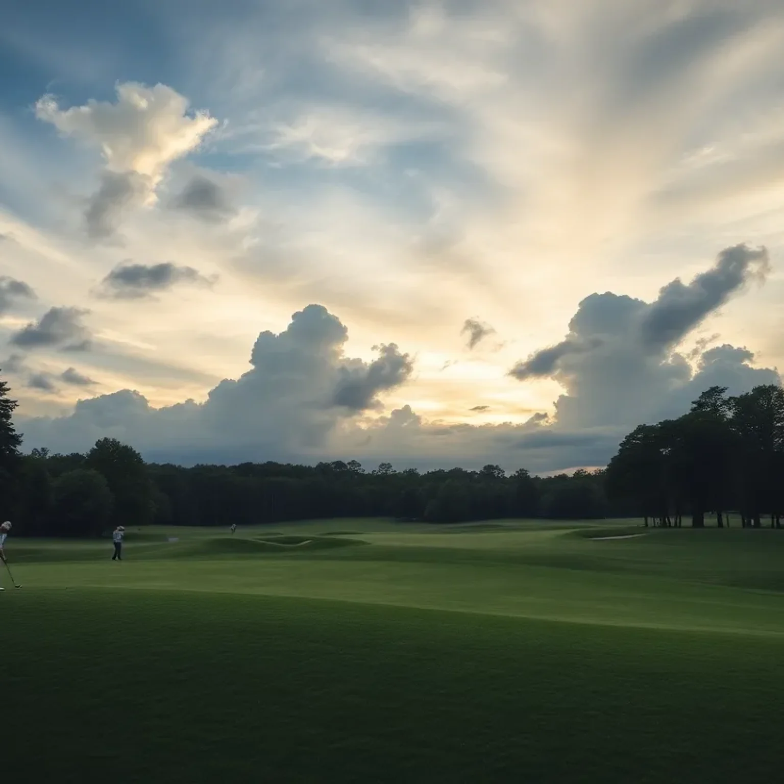 Golf course with golfers and dramatic sky