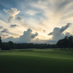 Golf course with golfers and dramatic sky