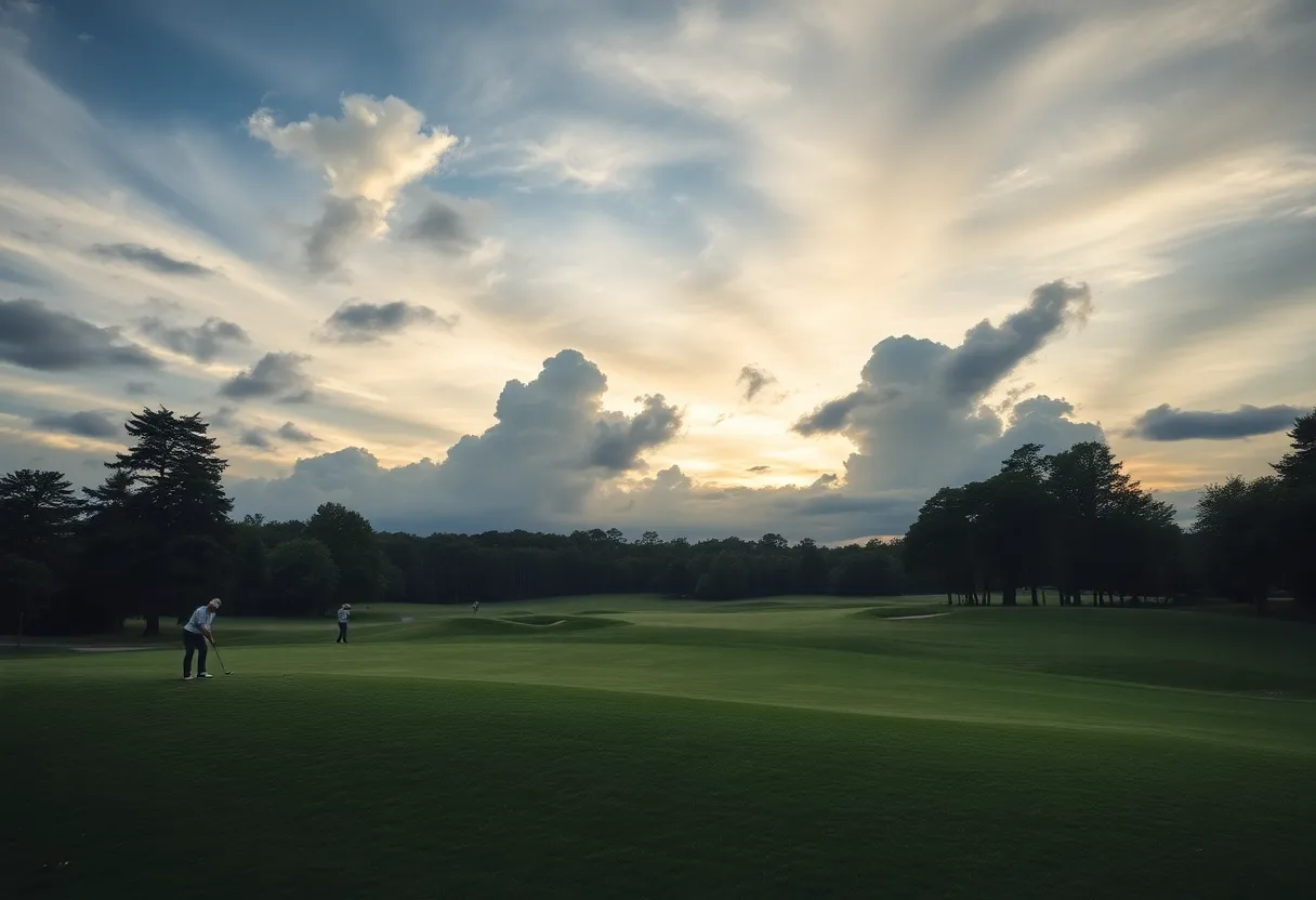 Golf course with golfers and dramatic sky