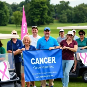 Community members participating in a golf tournament to raise funds for child cancer research