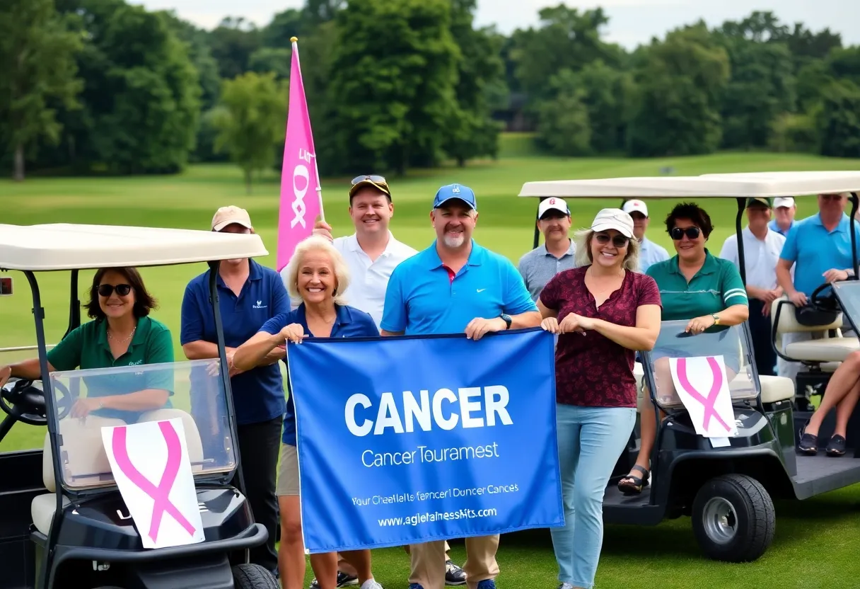 Community members participating in a golf tournament to raise funds for child cancer research