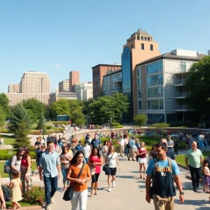 A vibrant park in a happy city with people enjoying outdoor activities