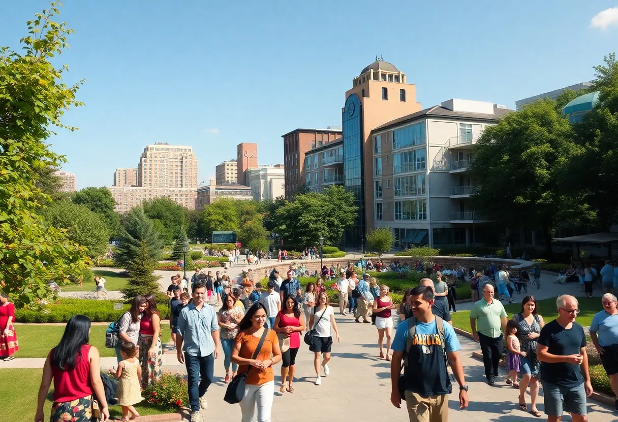 A vibrant park in a happy city with people enjoying outdoor activities