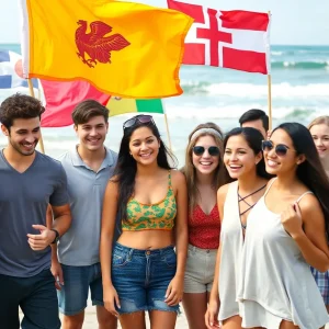 Diverse college students celebrating at the beach during HBCU Beach Day.