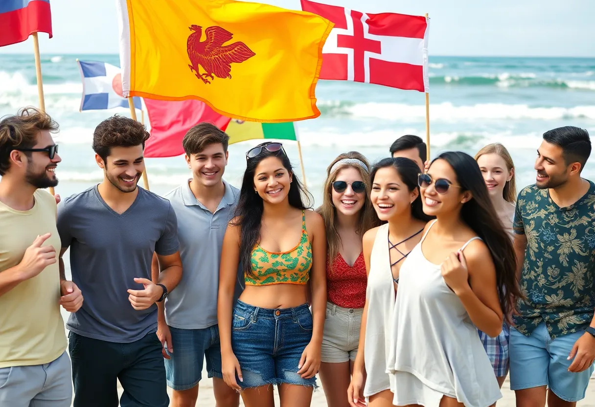 Diverse college students celebrating at the beach during HBCU Beach Day.