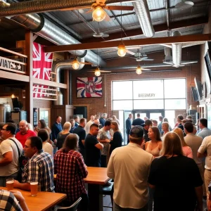 Interior of Intuition Ale Works Brewery with patrons enjoying beverages