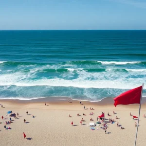 A beach scene with red flags warning of dangerous surf conditions and restless waves.
