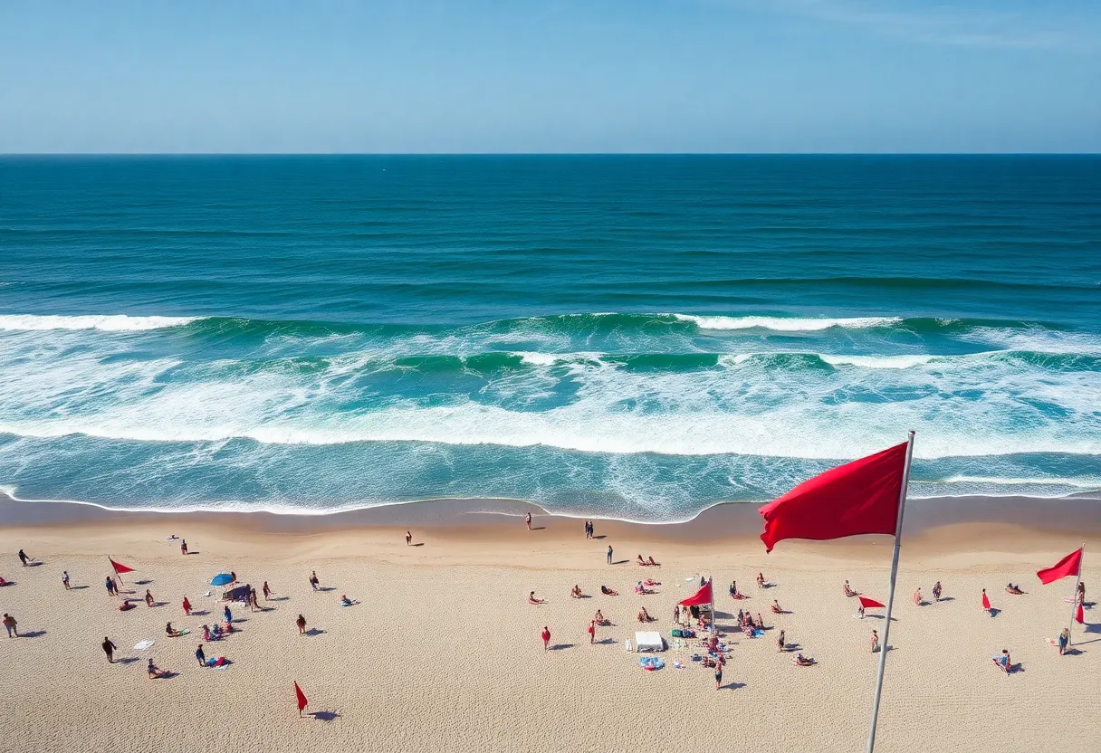 A beach scene with red flags warning of dangerous surf conditions and restless waves.