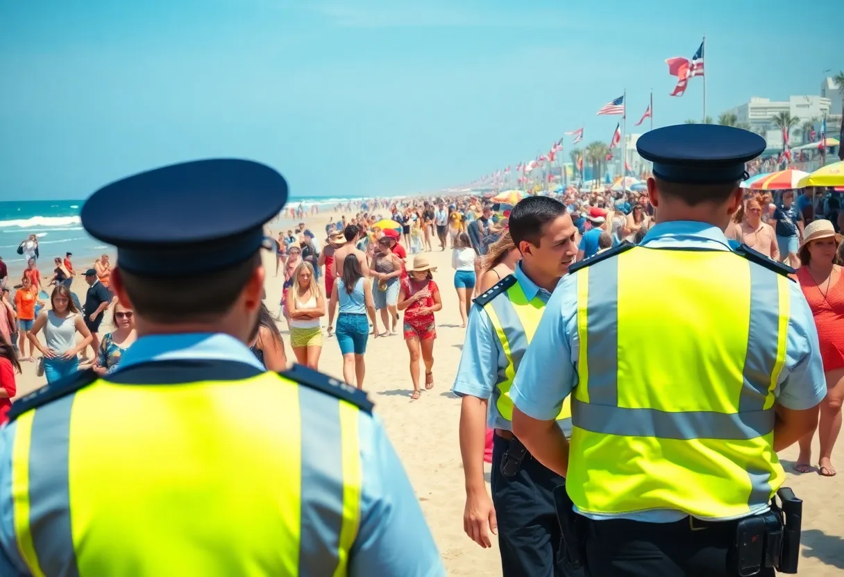 Crowded Jacksonville Beach event with police monitoring for safety.