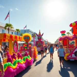 Colorful floats during the Jacksonville Beach Parade celebrating the start of summer.