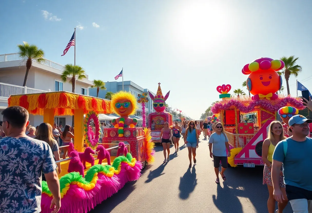 Colorful floats during the Jacksonville Beach Parade celebrating the start of summer.