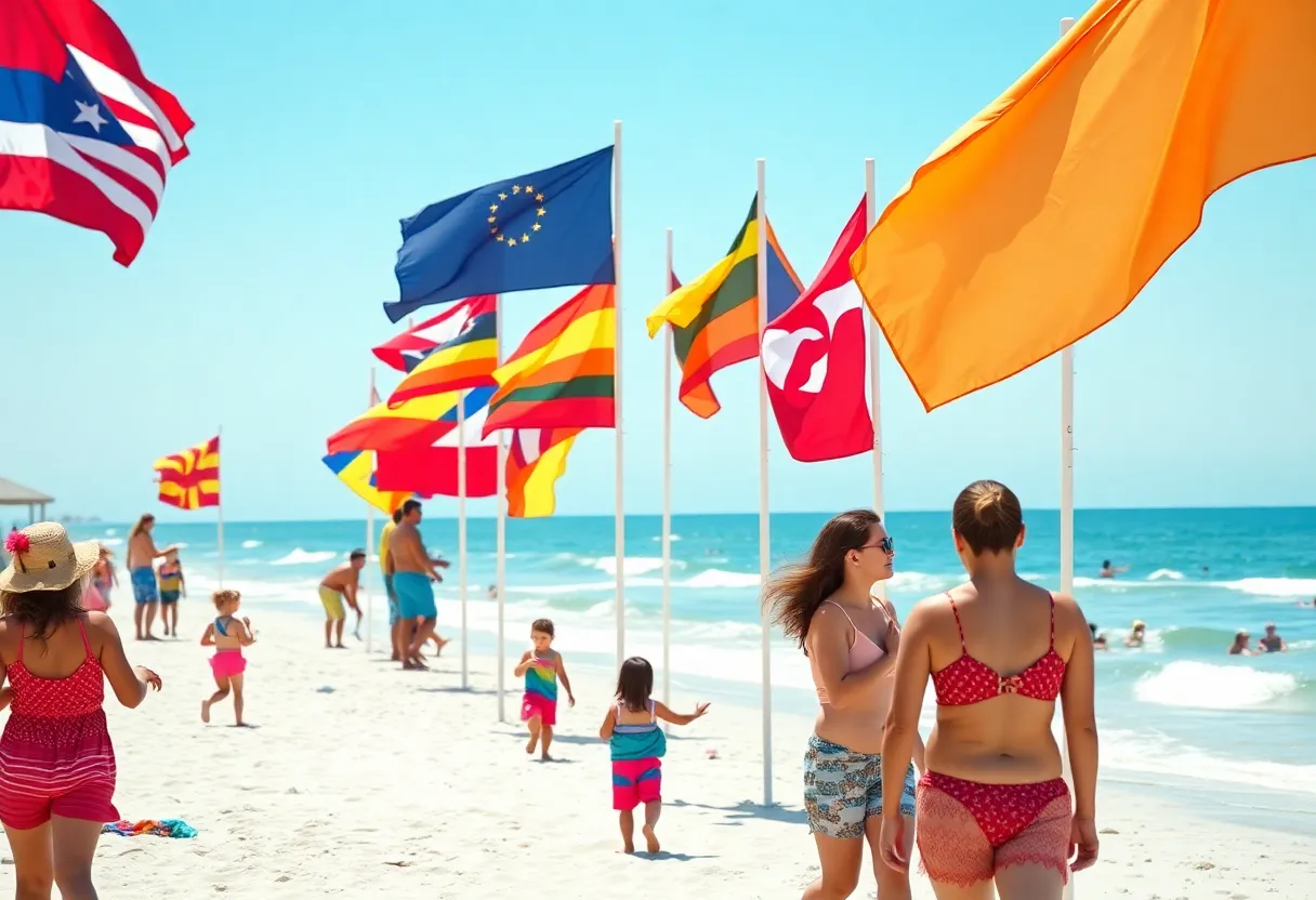 Families enjoying Jacksonville beach with safety flags in the background.