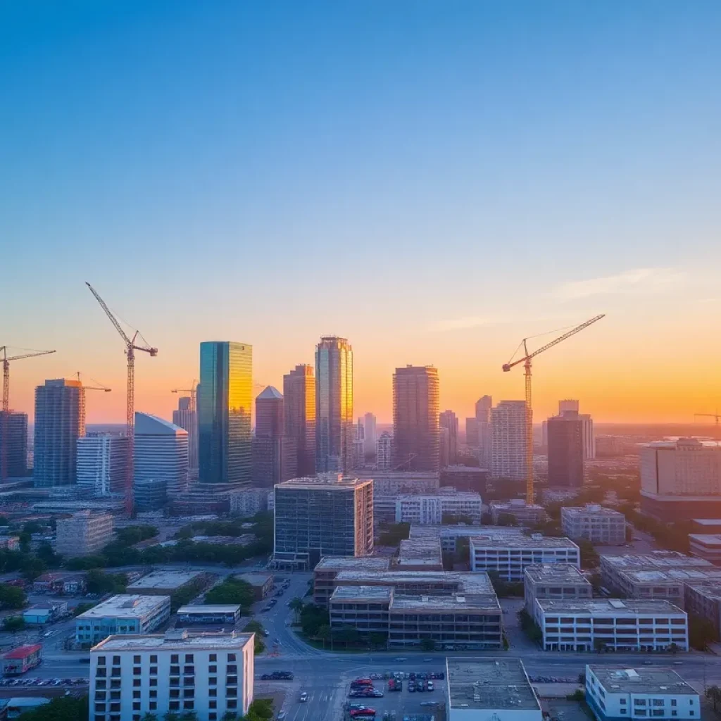 Aerial view of Jacksonville, Florida showing construction activities and the skyline.