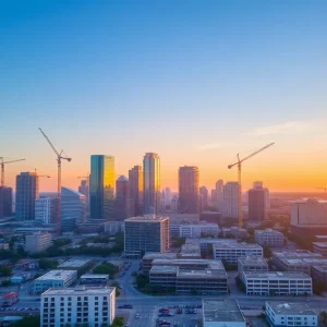 Aerial view of Jacksonville, Florida showing construction activities and the skyline.