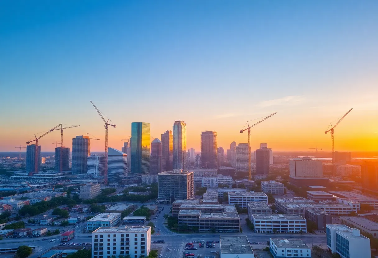 Aerial view of Jacksonville, Florida showing construction activities and the skyline.