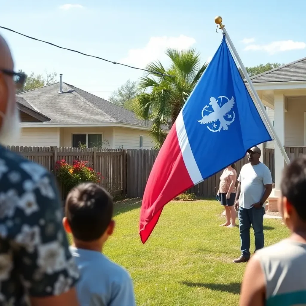 A religious flag in a Jacksonville backyard with neighbors watching.