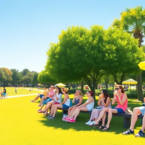 Sunny Jacksonville park during heat wave with people and pets enjoying the outdoors.