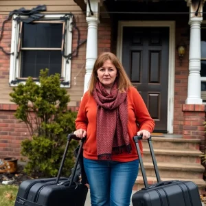 Woman with suitcases outside fire-damaged home