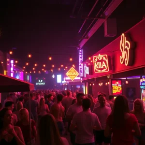 Vibrant nightlife in Jacksonville featuring colorful lights and lively atmosphere.
