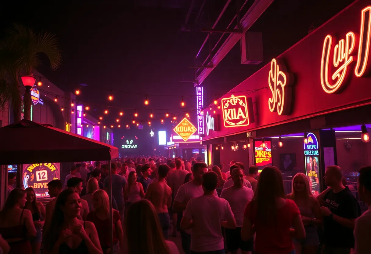 Vibrant nightlife in Jacksonville featuring colorful lights and lively atmosphere.