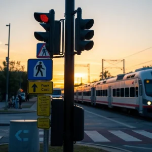 Railway intersection in Jacksonville with pedestrian safety signs