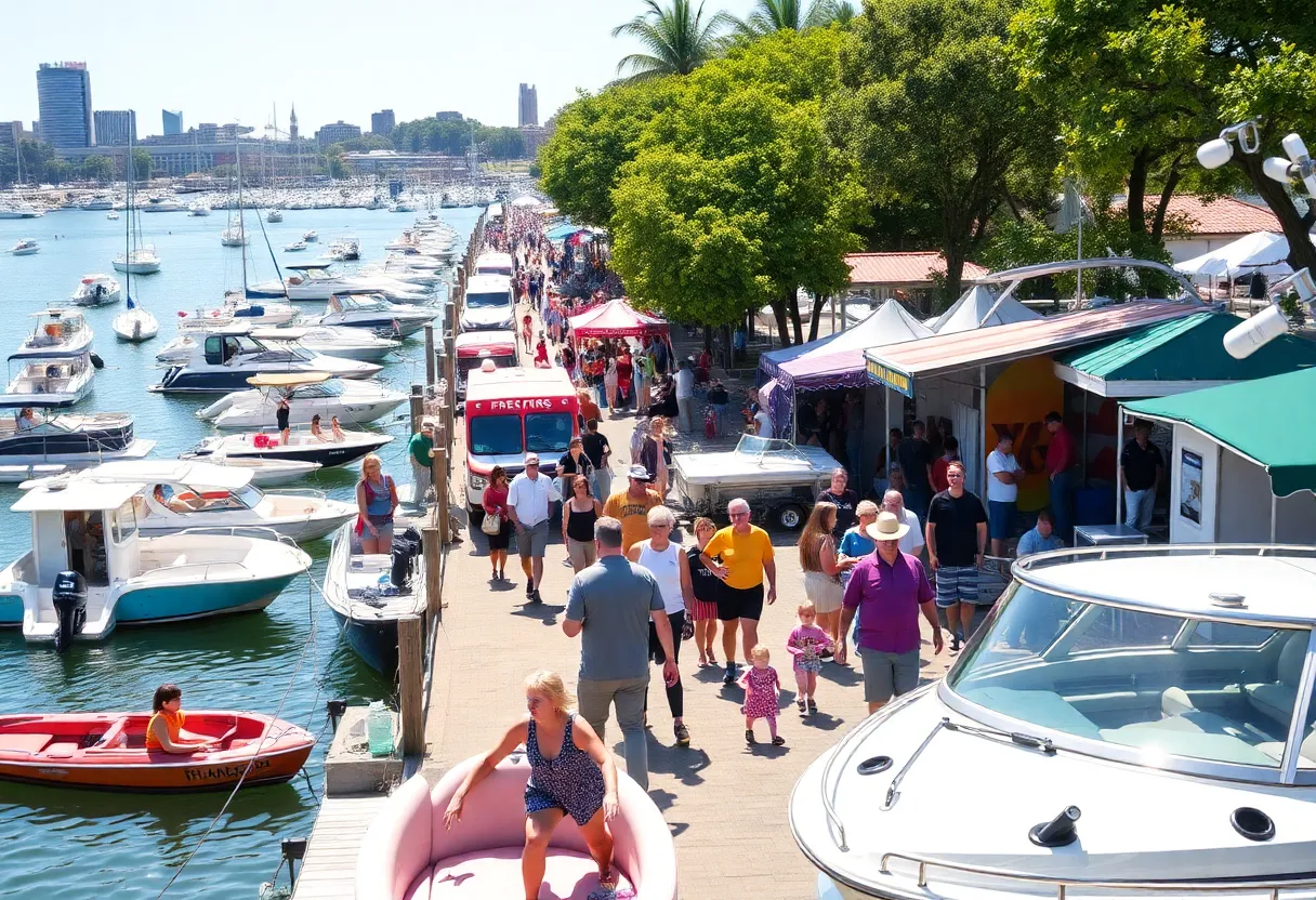 Family enjoying the Jacksonville Spring Boat Show with various boats in the background.