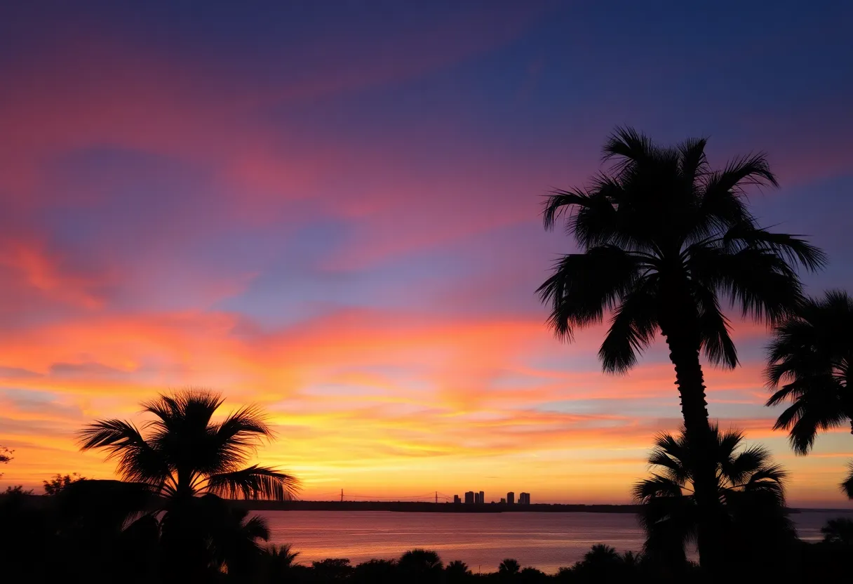 A picturesque sunset over Jacksonville, Florida with palm trees in the foreground.