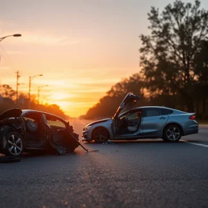Scene depicting an empty road where a vehicle accident occurred.