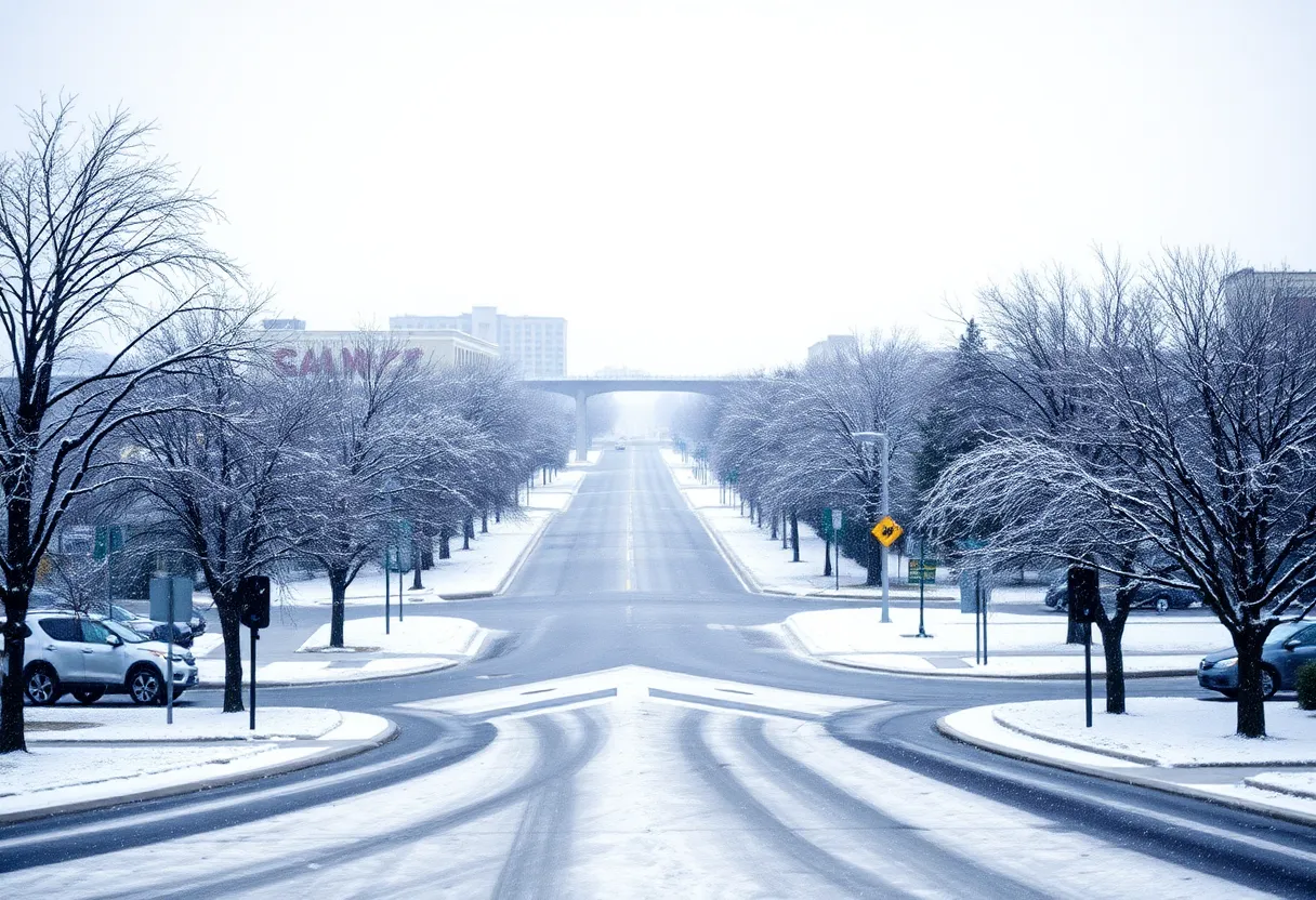 Snowy landscape in Jacksonville showing icy roads and trees