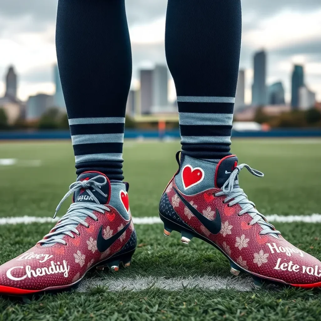 Custom cleats worn in tribute to a young boy by a football player