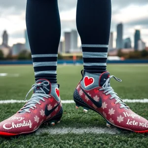Custom cleats worn in tribute to a young boy by a football player