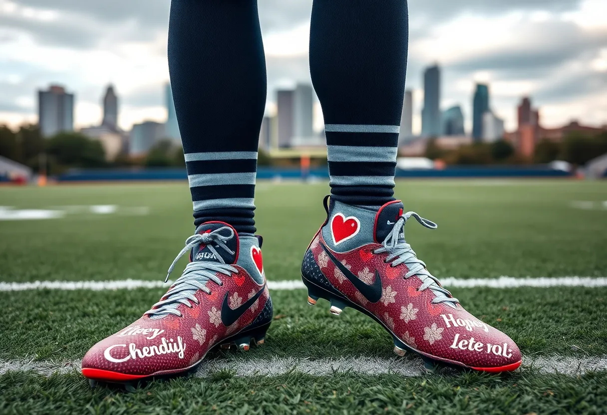 Custom cleats worn in tribute to a young boy by a football player
