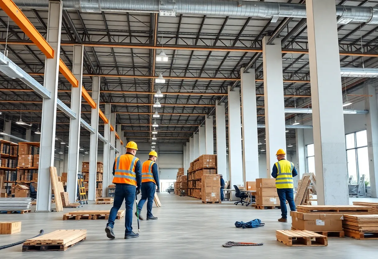 Construction workers renovating the interior of JAX 2 fulfillment center in Jacksonville.
