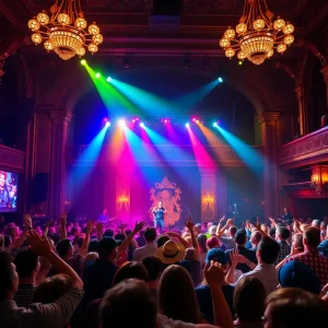 Audience enjoying concert at Florida Theatre with colorful lights