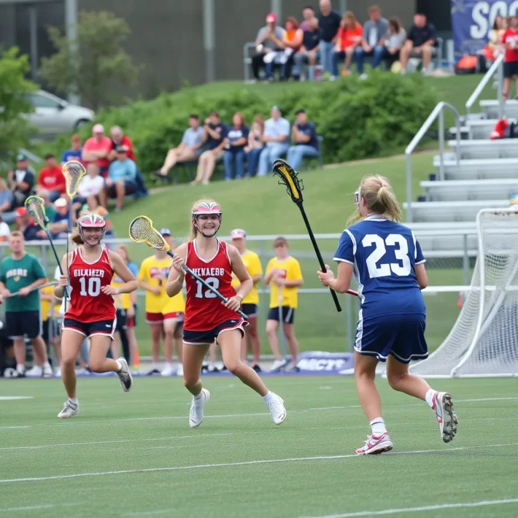 Athletes playing lacrosse on a sunny field, representing a high school match.