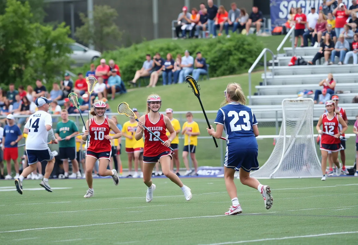 Athletes playing lacrosse on a sunny field, representing a high school match.