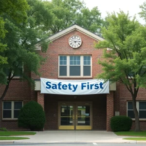 Lake Shore Middle School building with a safety banner