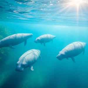 Manatees swimming gently in a serene underwater environment.