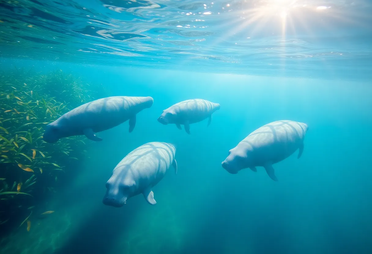 Manatees swimming gently in a serene underwater environment.