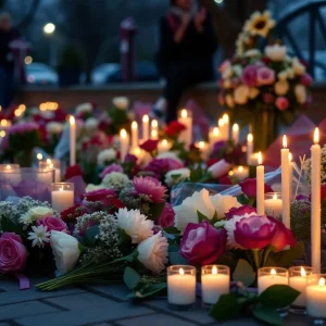 Memorial candles and flowers for lost high school seniors