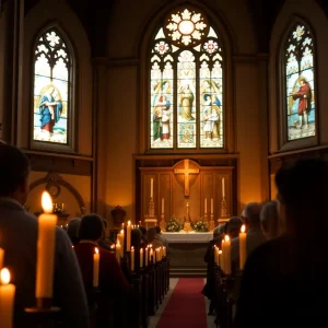 Interior of a church during a memorial mass with people praying